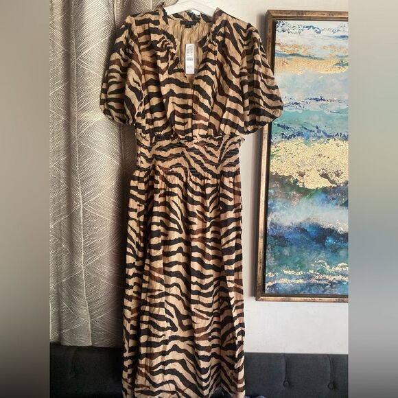 J. Crew Midi Dress Women's Zebra Print Smocked Waist Short Sleeve Sz Small NWT - Picture 4 of 14